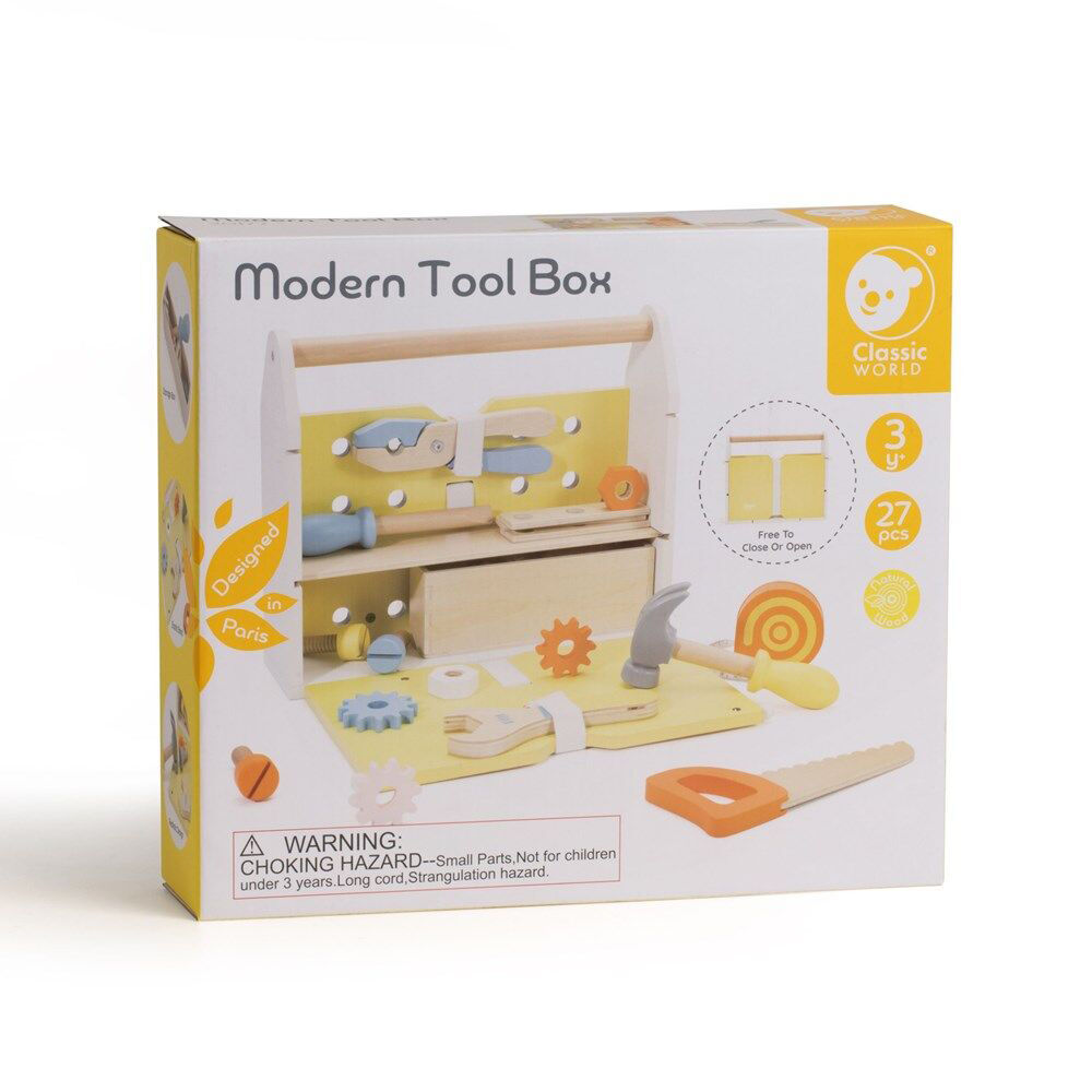 27pc Classic World Childrens Wooden Pretend Play Modern Tool Box 3Y+