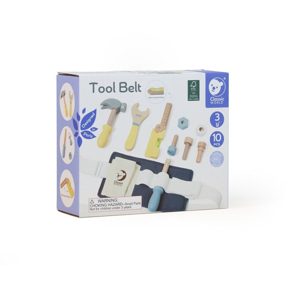 10pc Classic World Childrens Wooden Pretend Play Tool Belt 3Y+