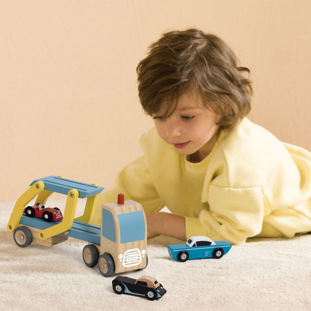 5pc Classic World Childrens Wooden Pretend Play Car Transporter Truck 18M+