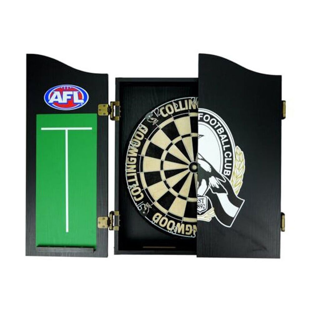 AFL Dartboard and Cabinet Set Collingwood Magpies Team Design Black Finish
