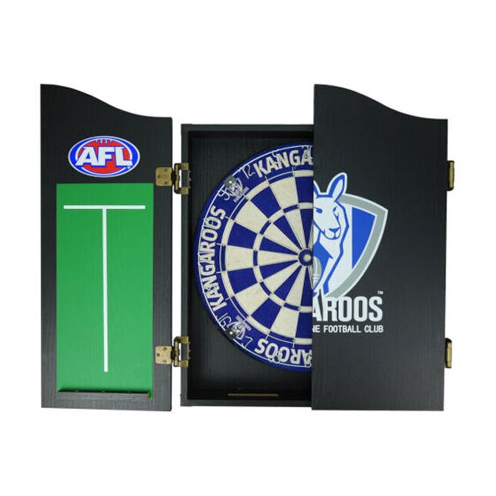 AFL Dartboard and Cabinet Set North Melbourne Roos Team Design Black Finish