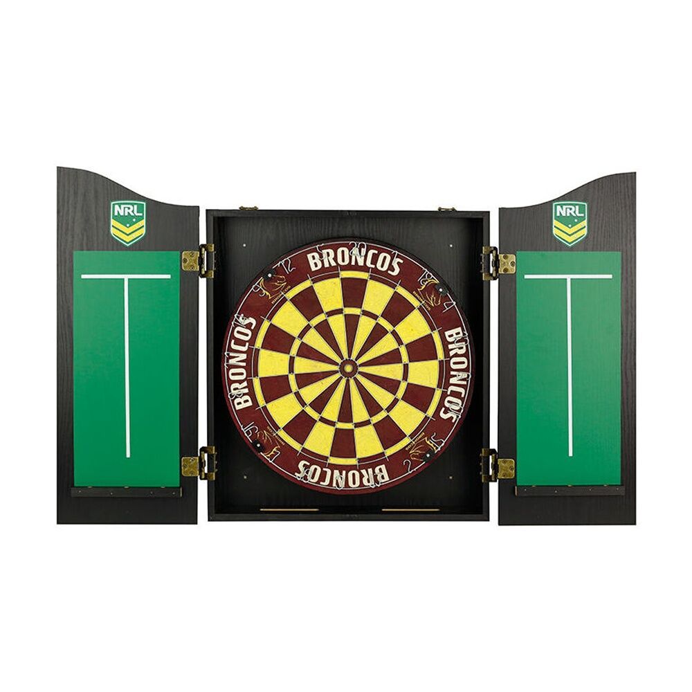 NRL Dartboard and Cabinet Set Brisbane Broncos Team Design Black Finish