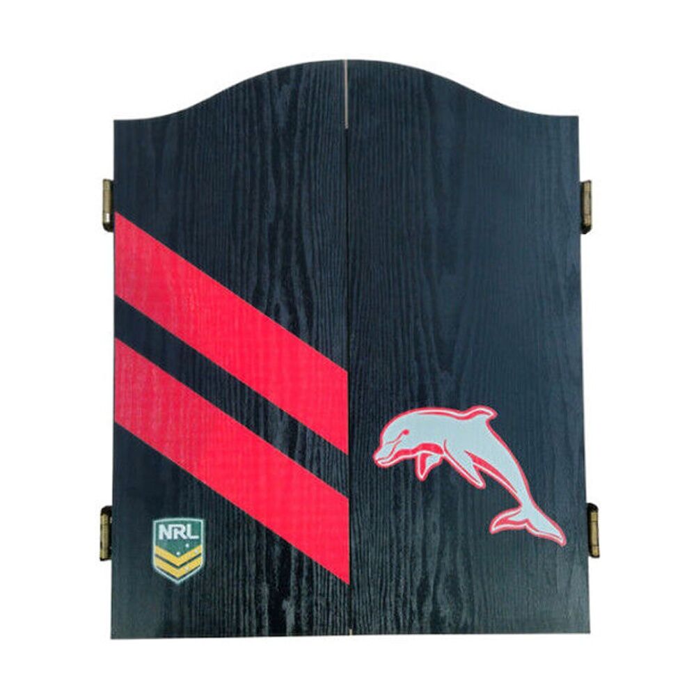 NRL Dartboard and Cabinet Set Dolphins Team Design Black Finish