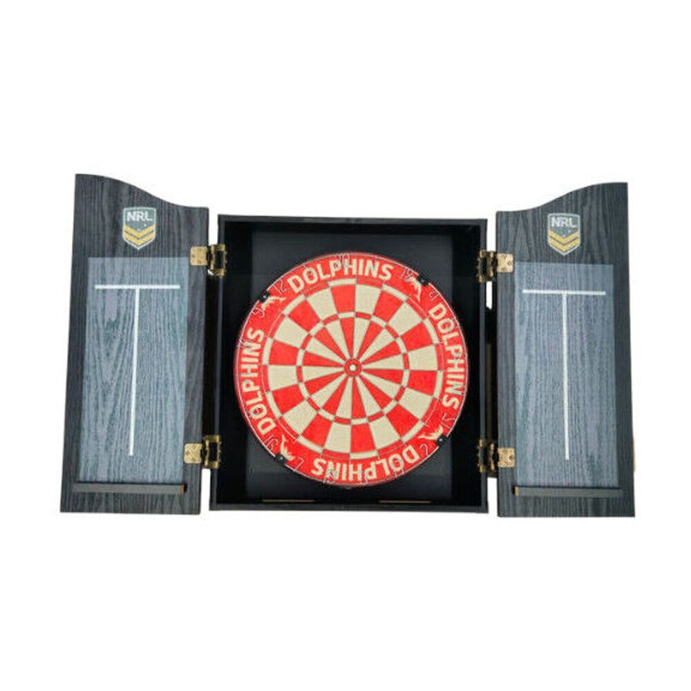 NRL Dartboard and Cabinet Set Dolphins Team Design Black Finish