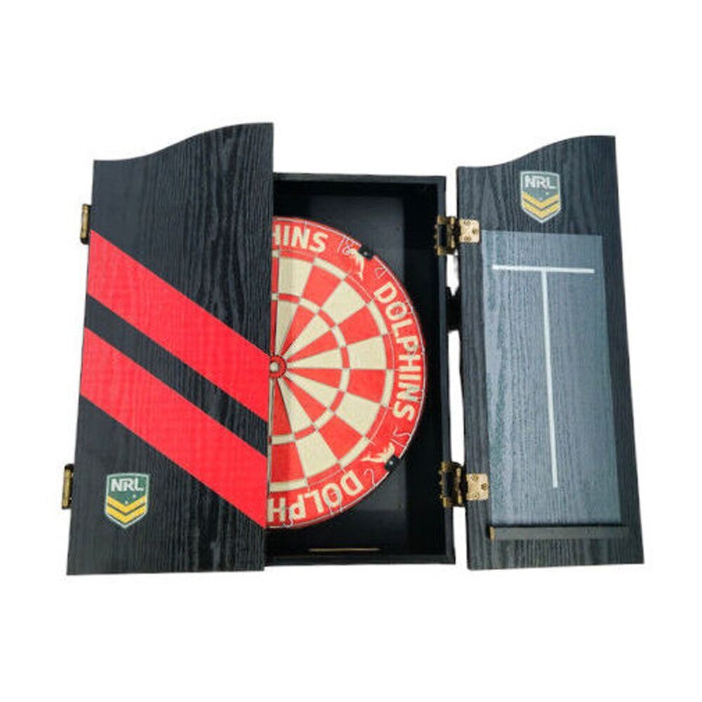 NRL Dartboard and Cabinet Set Dolphins Team Design Black Finish