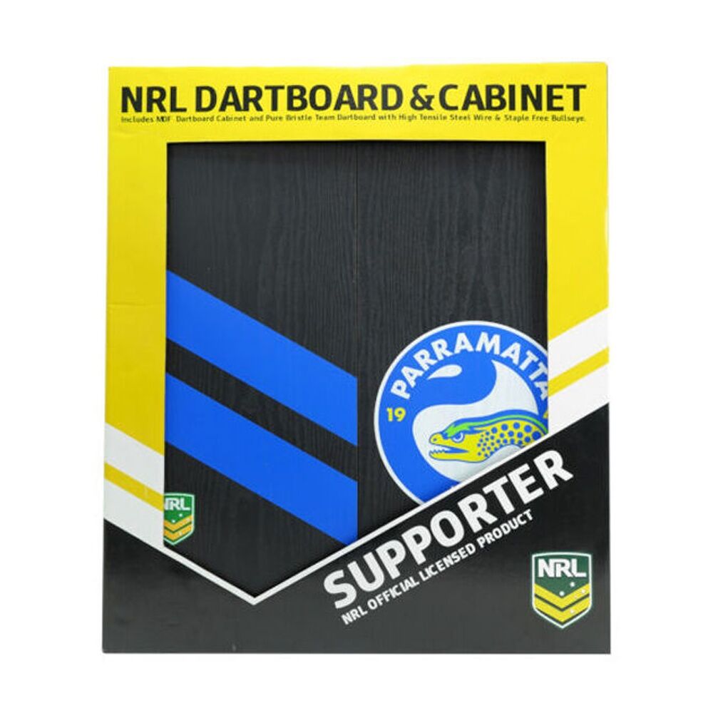 NRL Dartboard and Cabinet Set Paramatta Eeels Team Design Black Finish