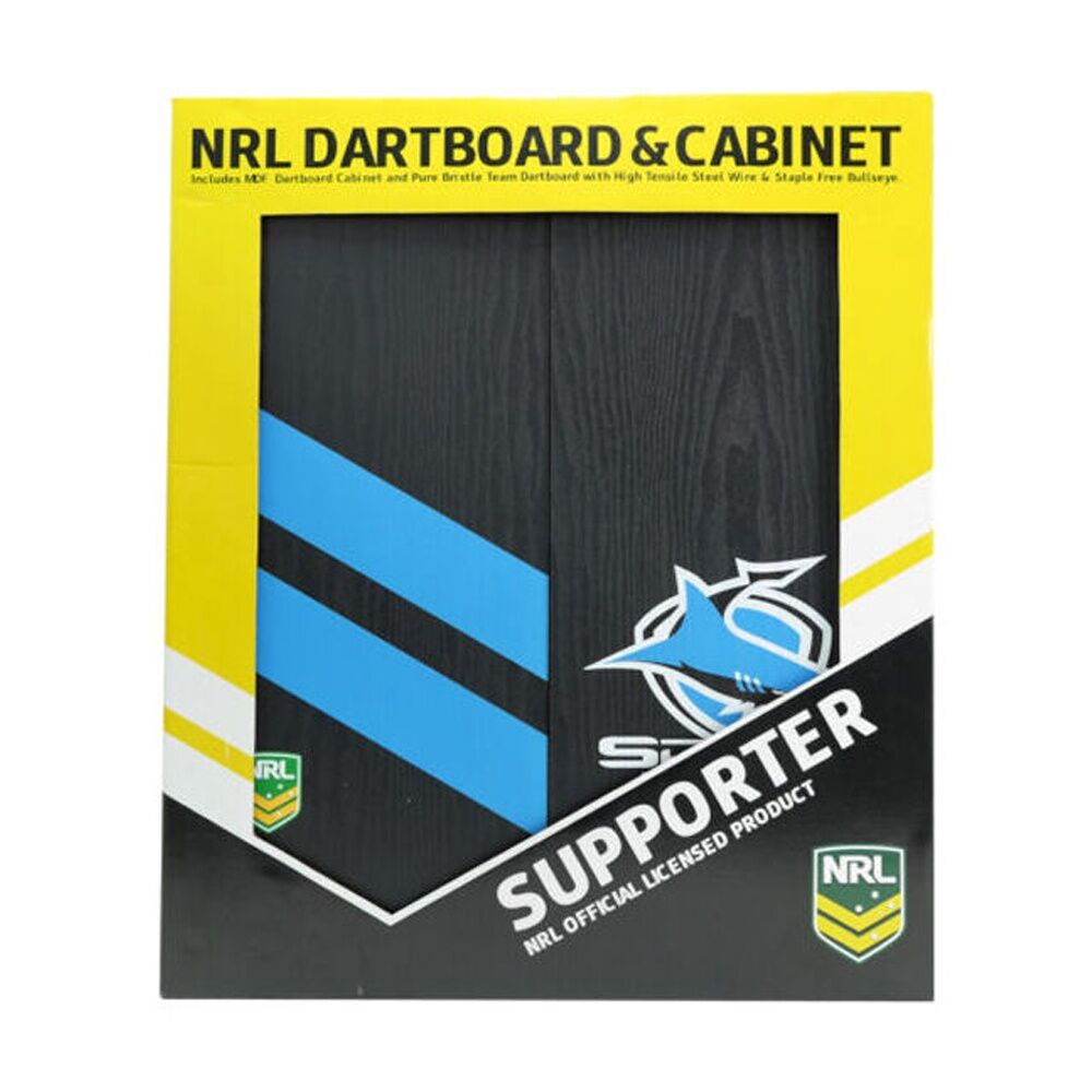 NRL Dartboard and Cabinet Set Cronulla Sharks Team Design Black Finish
