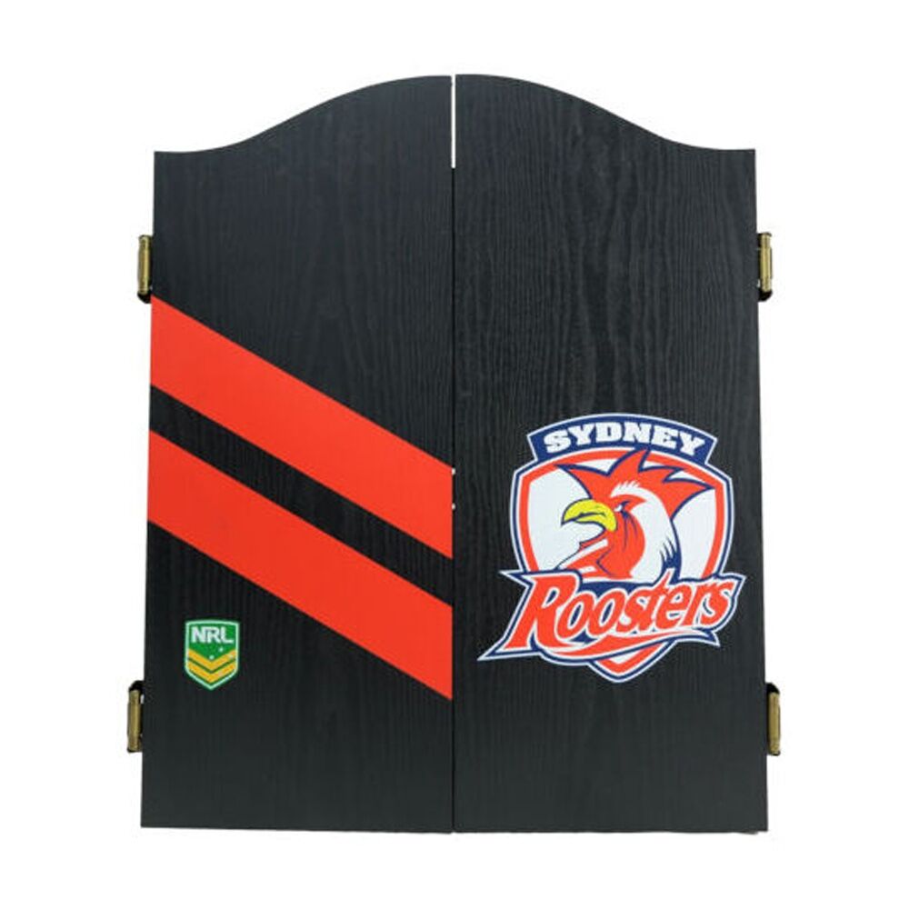 NRL Dartboard and Cabinet Set Sydney Roosters Team Design Black Finish