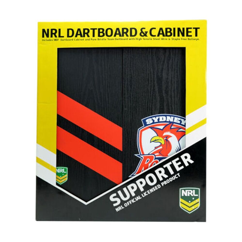NRL Dartboard and Cabinet Set Sydney Roosters Team Design Black Finish