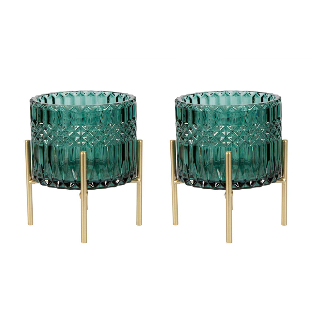 2PK Belle Demi Glass/Iron Tealight Holder Large 13cm - Emerald