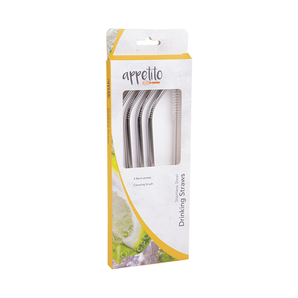 3x 4pc AppetitoStainless Steel Bent Drinking Straws W/ Brush