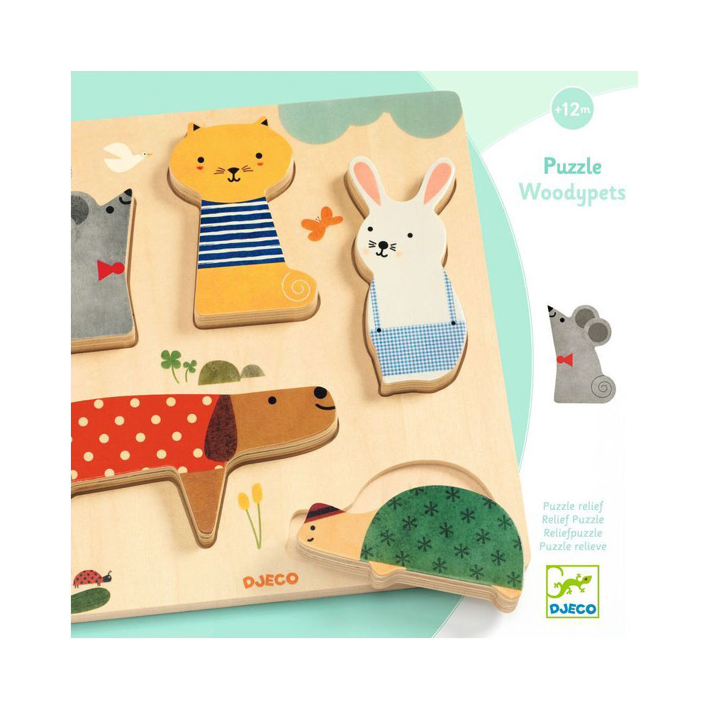 5pc Djeco WoodyPet Animal Wooden Puzzle Kids Toy 12m+