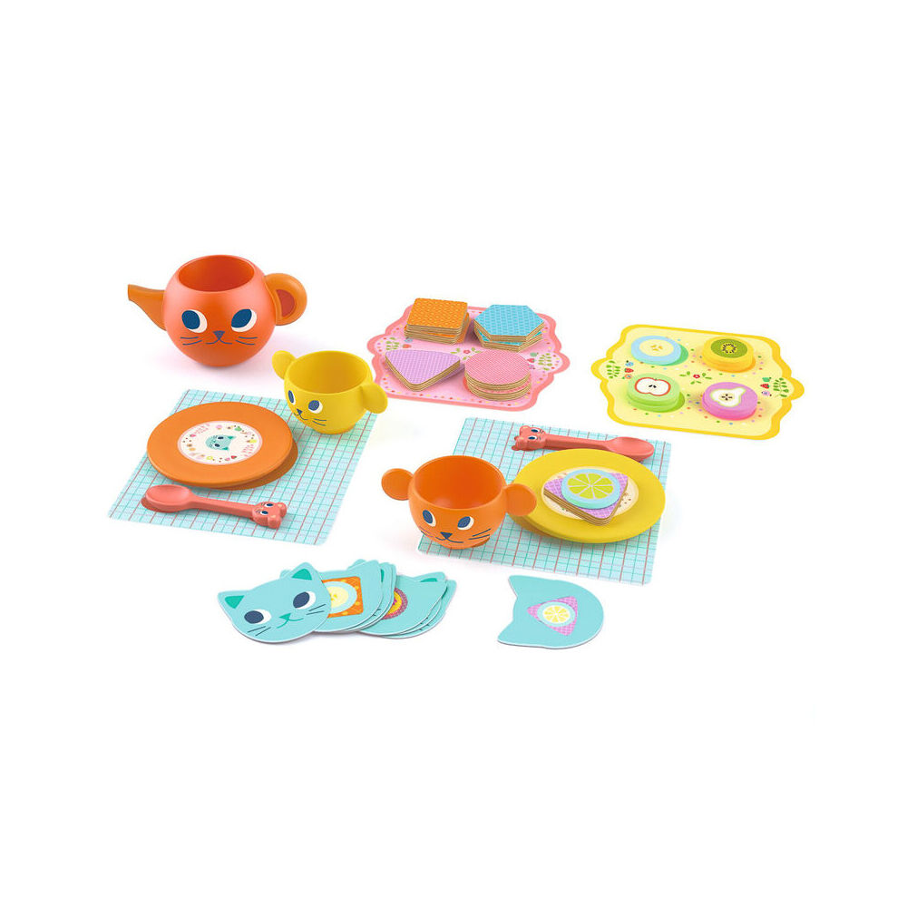 35pc Djeco Greedy Cats Tea & Biscuit Set Round Tub Kids Pretend Toy 18m+