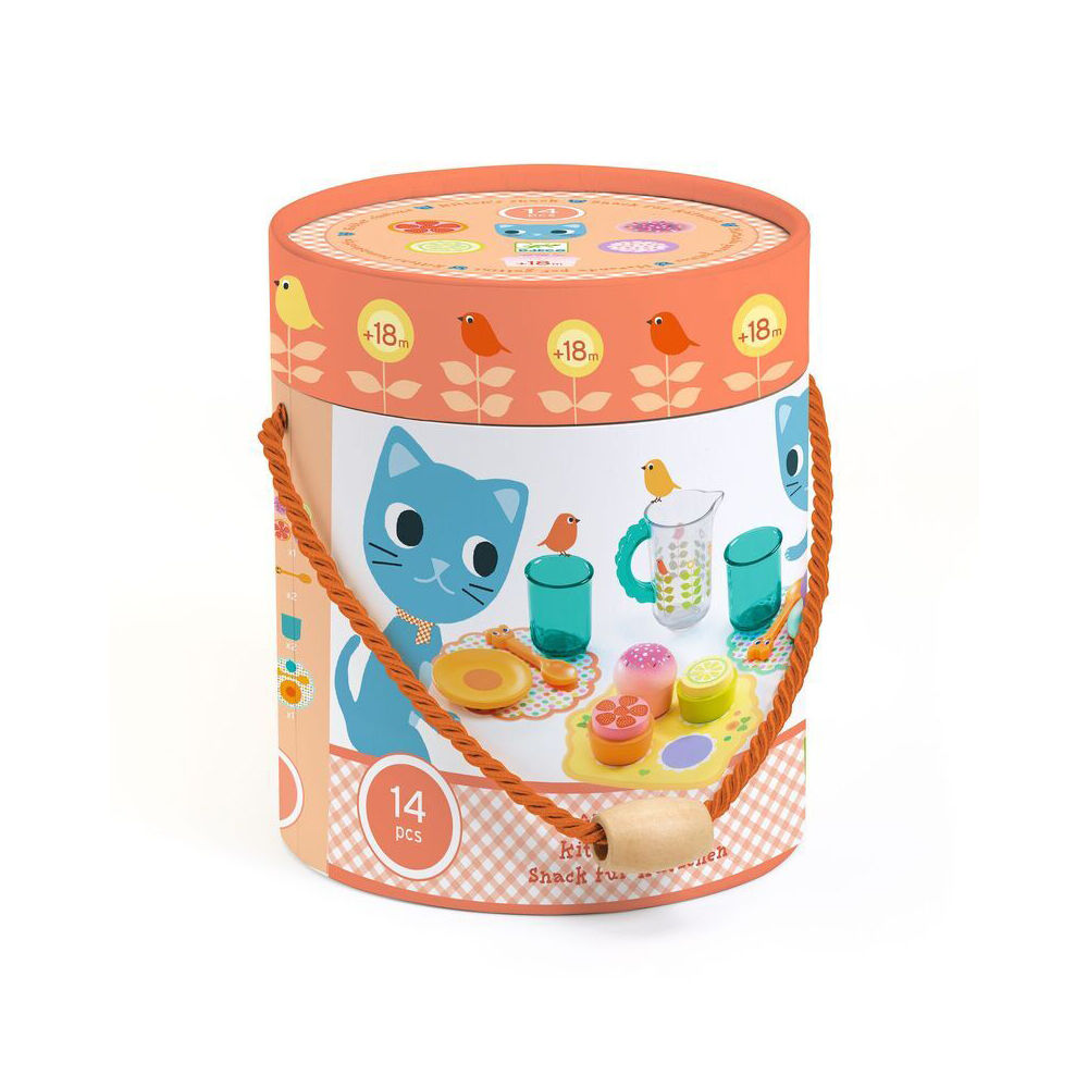 14pc Djeco Kids Pretend Play Kitten Snack Set Toy In Round Tub 18m+/14x17x14cm