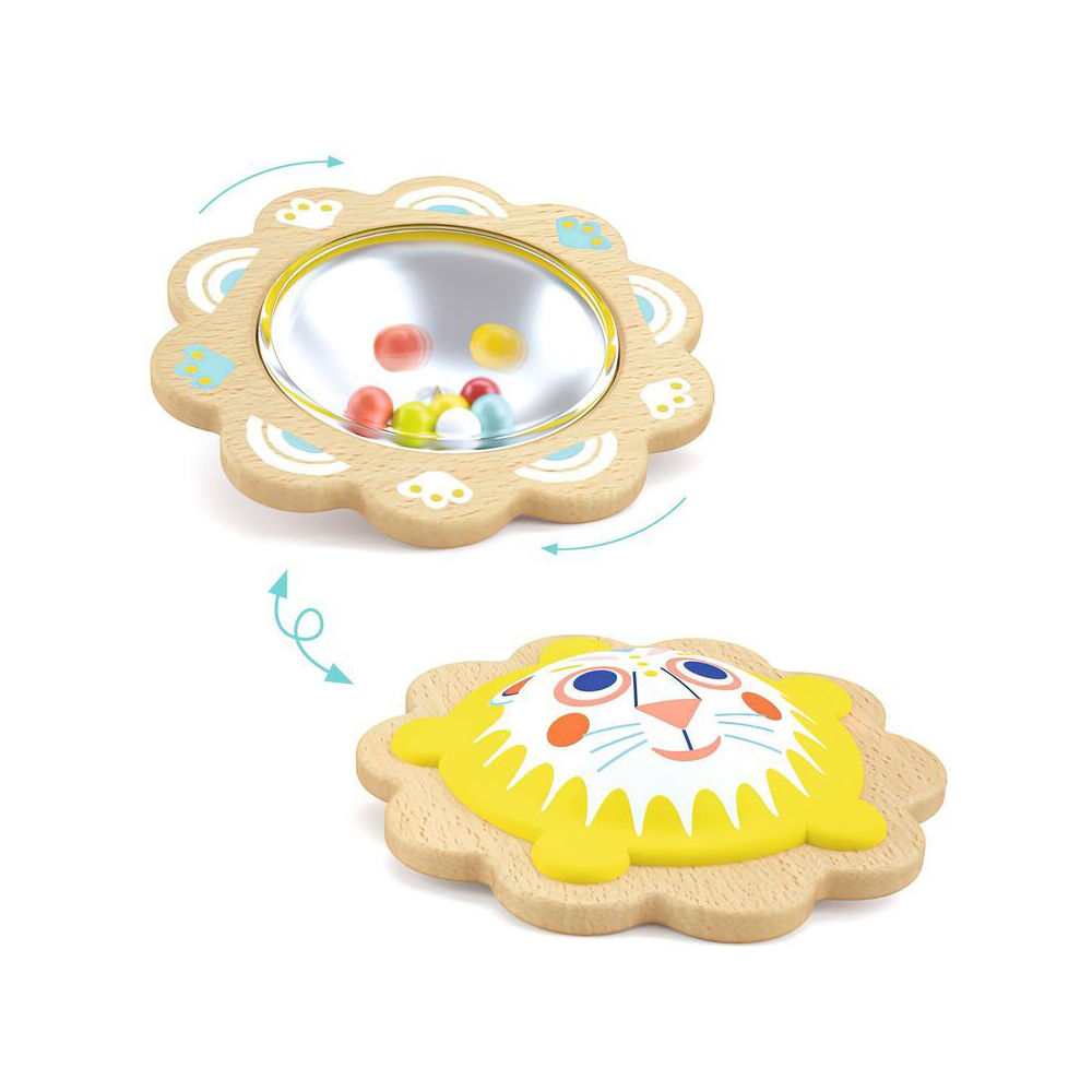 2PK Djeco BabyCup Wooden Mirror Rattle Kids Sensory 11cm Play Toy 3m+