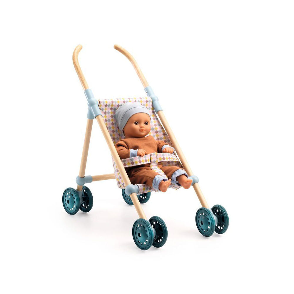 Djeco 44cm Wooden Doll Umbrella Stroller Play Accessory 18m+