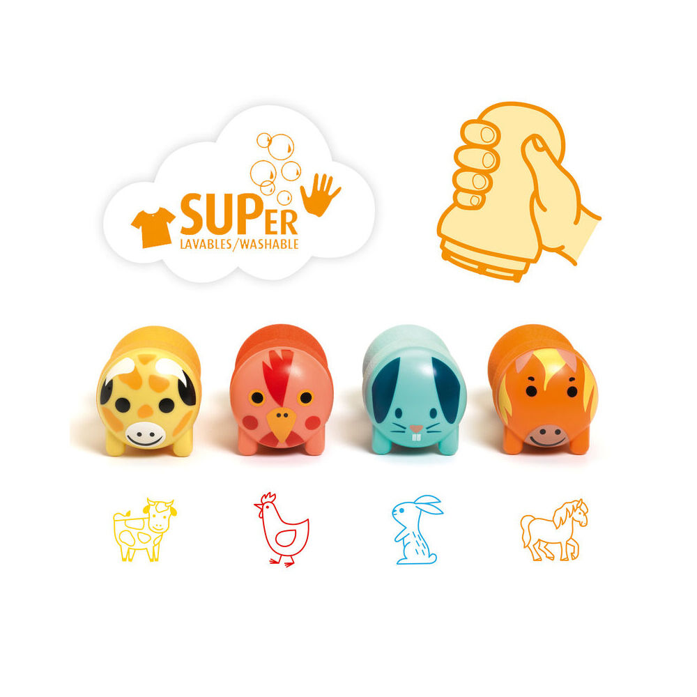 4pc Djeco Farm Animal Stamps 28mm For Little Ones 18m+