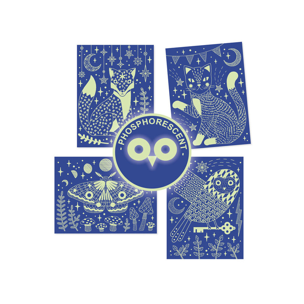 8pc Djeco At Night Scratch Cards Glow In The Dark w/ Activity Kit 6y+