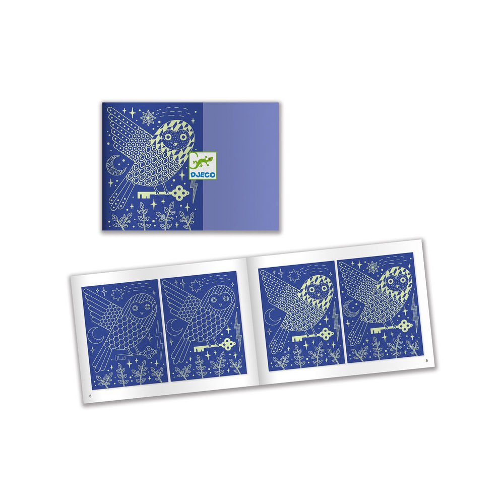 8pc Djeco At Night Scratch Cards Glow In The Dark w/ Activity Kit 6y+