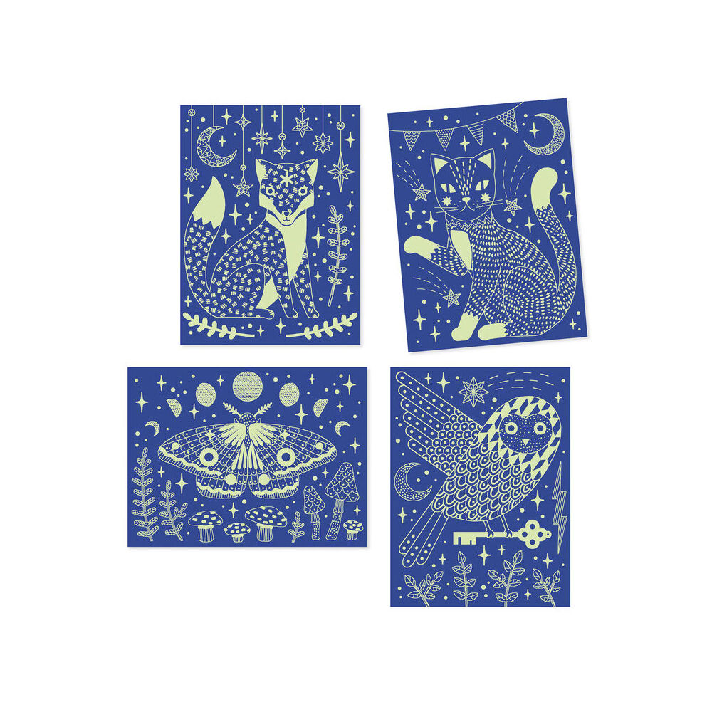 8pc Djeco At Night Scratch Cards Glow In The Dark w/ Activity Kit 6y+