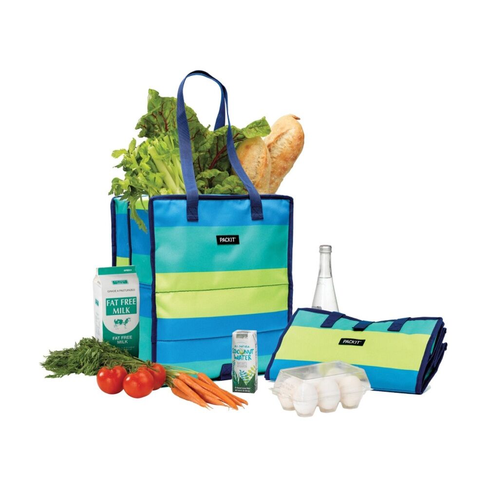 PackIt Insulated Freezable Gel Lined Grocery Tote Bag Keeps Food Fresh Blue