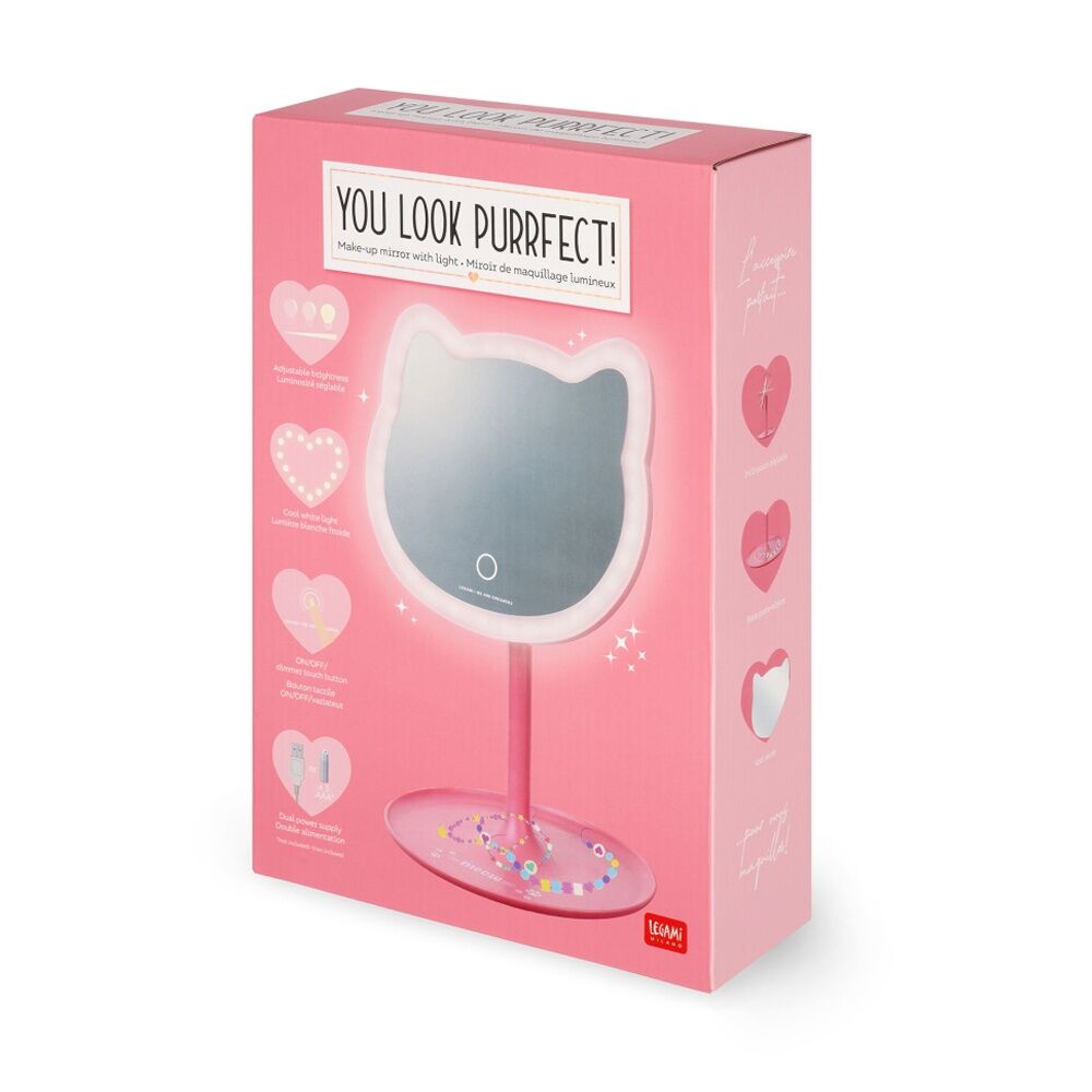 Legami Cat Shaped Make Up Mirror You Look Purrfect 33 LED Battery USB Dimmer