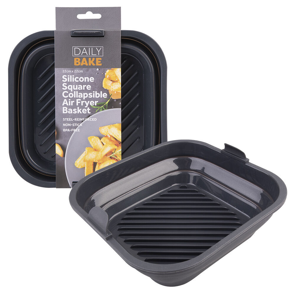 2PK Daily Bake Silicone Square Collapsible Air Fryer Basket 22cm - Charcoal