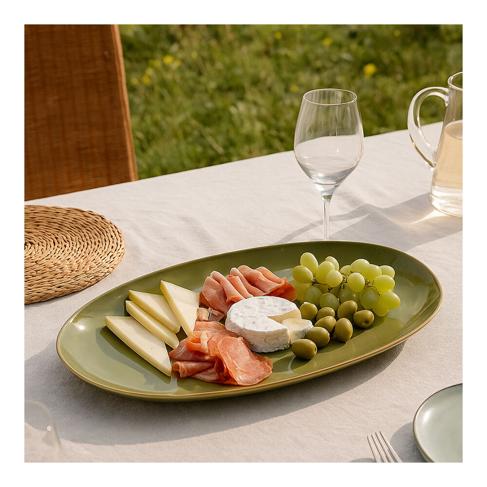 NF Living Ovalo Oval Plate 42x25x3 Reactive Glaze Stoneware Dinnerware Olive