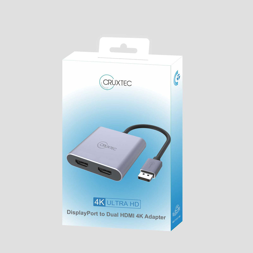 Cruxtec DisplayPort to Dual HDMI 4K Compact Hub Adapter - Grey