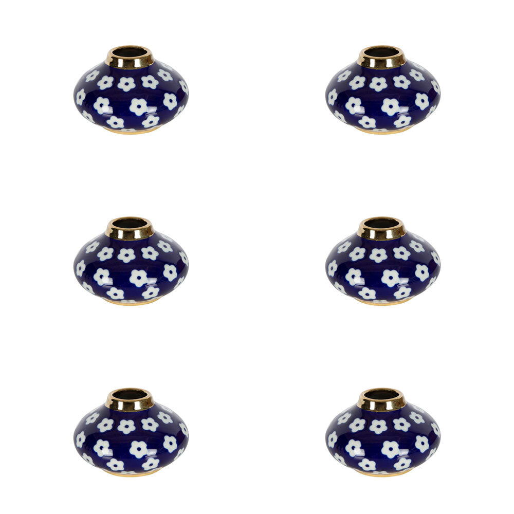 6PK Belle Daisy Mini Bud Porcelain Flower Vase Short 9.5cm - Blue/White