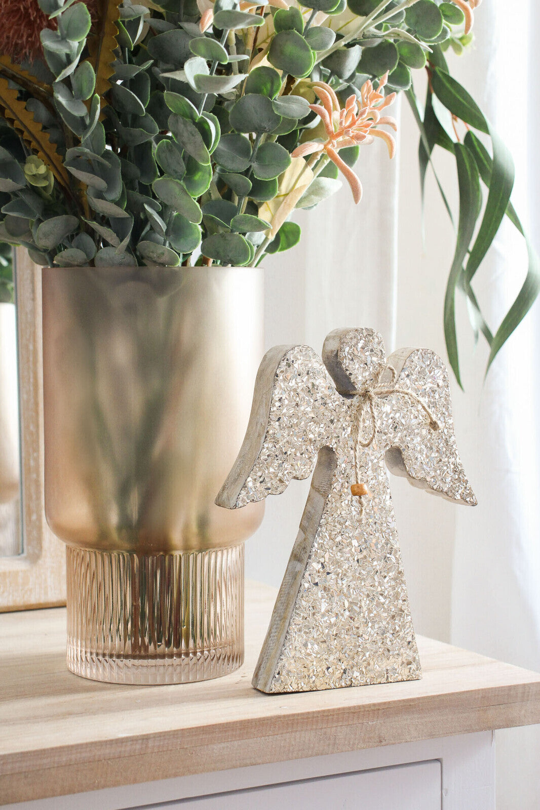 2PK LVD Wooden Ornament Large Angel Seasonal Decorative Home Decor Champagne