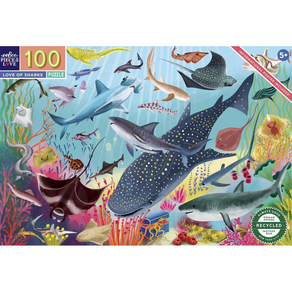 2x 100pc eeBoo Jigsaw Puzzle Love of Sharks 45x68cm Educational Game 5+