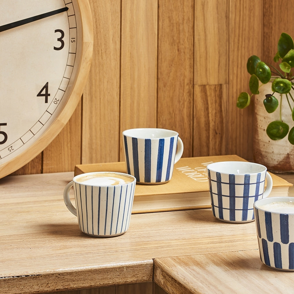 4pc Ecology Pottery Chalk Drinking Mug Cups 320ml/12cm Blue & White