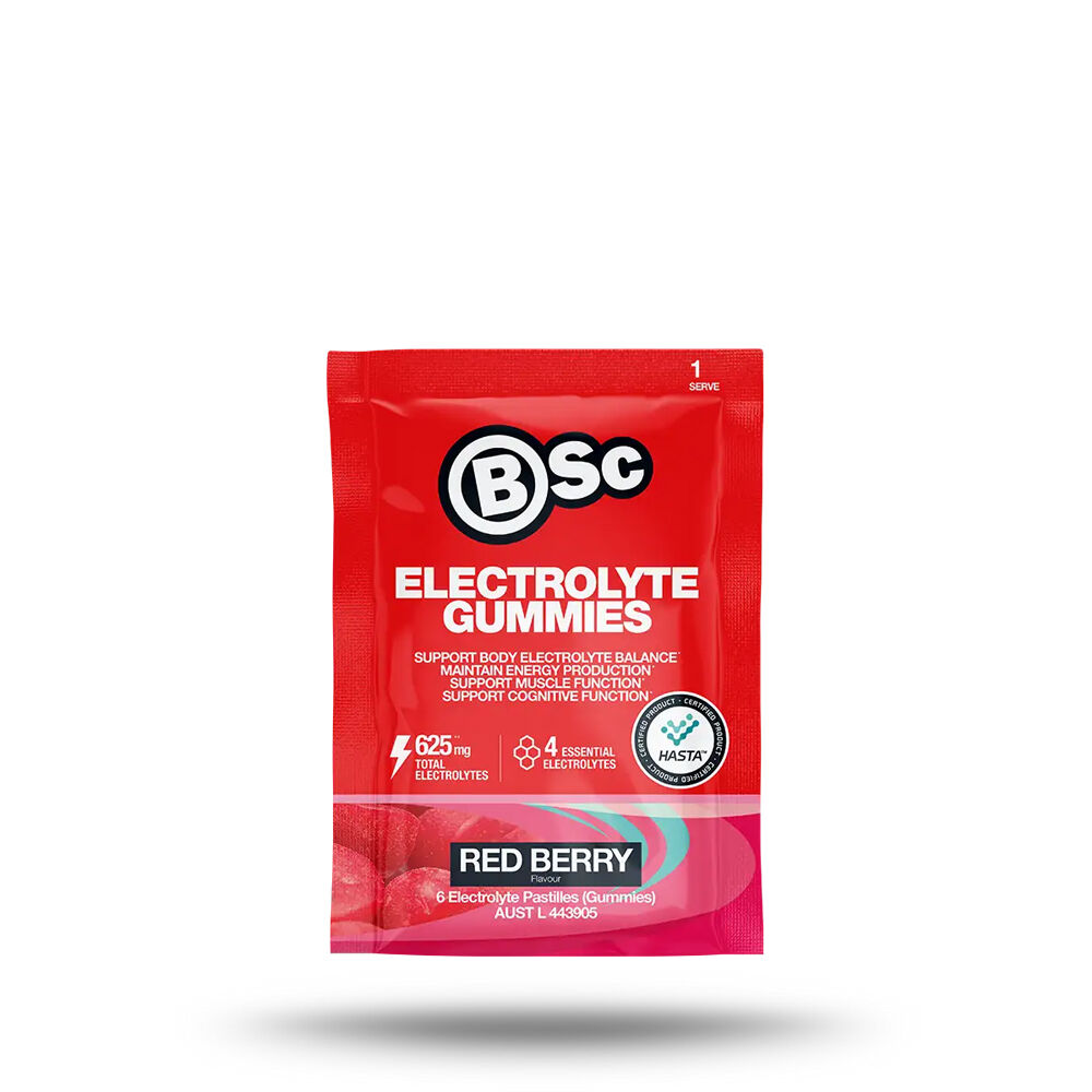 18PK BSc Electrolyte Gummies 6pc Sachet Supports Muscle Function Red Berry