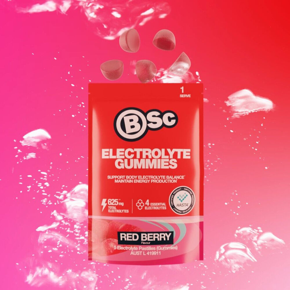 18PK BSc Electrolyte Gummies 6pc Sachet Supports Muscle Function Red Berry