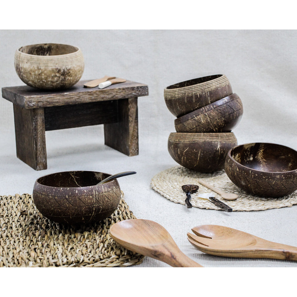 2PK LVD Coconut 13cm Bowl Carved Round Dinnerware - Brown