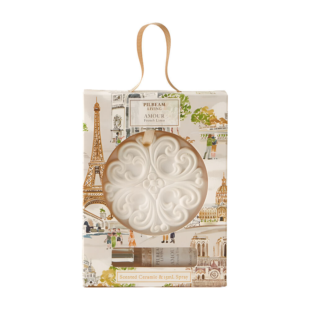 2PK Pilbeam Living Amour Scented Ceramic Disc French Linen Aroma Fragrance 8cm