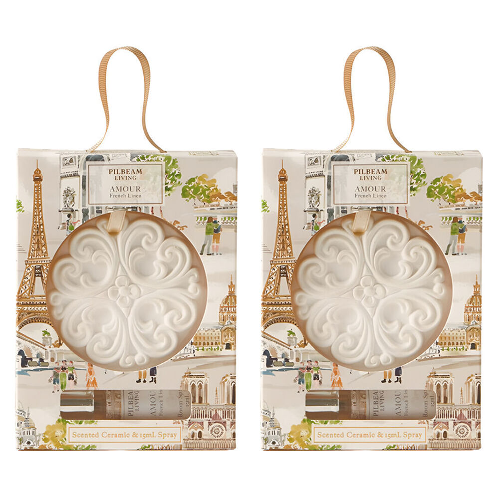 2PK Pilbeam Living Amour Scented Ceramic Disc French Linen Aroma Fragrance 8cm