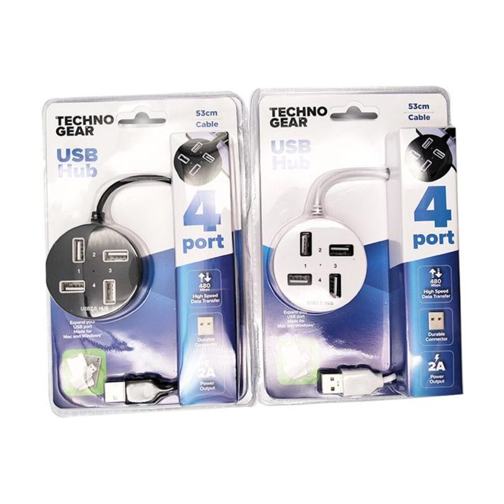 2PK TGear 1-to-4 USB-A 4 Port Charging Hub Computer Accessory 53cm 2A Assorted