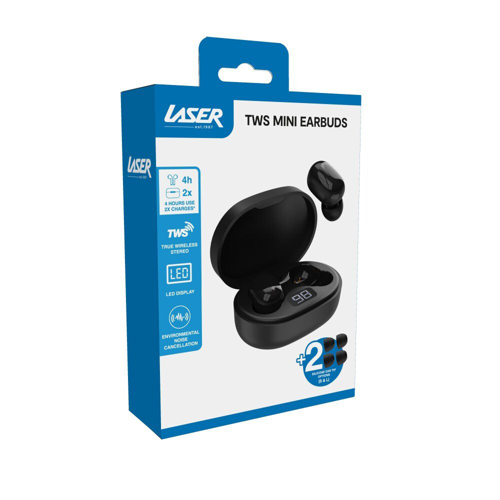 Laser TWS ENC Mini Wireless Bluetooth Earbuds w/ Charging Case - Black