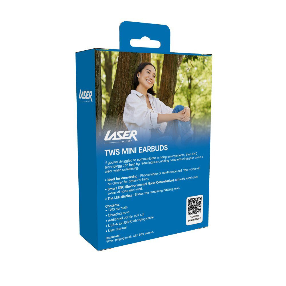 Laser TWS ENC Mini Wireless Bluetooth Earbuds w/ Charging Case - Black