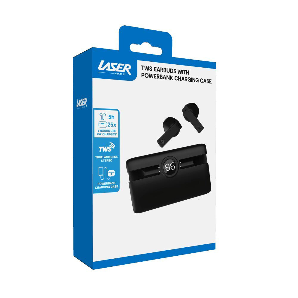 Laser TWS Wireless Bluetooth Earbuds w/ Power Bank Charging Case - Black