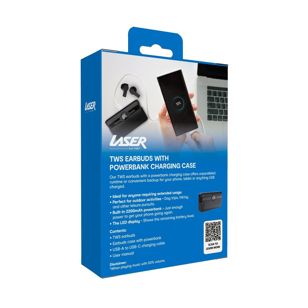 Laser TWS Wireless Bluetooth Earbuds w/ Power Bank Charging Case - Black