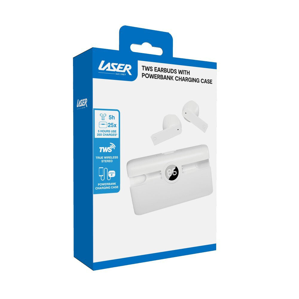 Laser TWS Wireless Bluetooth Earbuds w/ Power Bank Charging Case - White