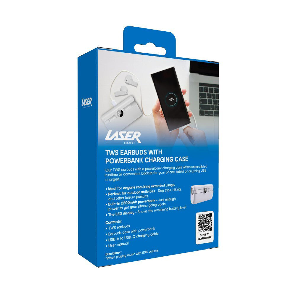 Laser TWS Wireless Bluetooth Earbuds w/ Power Bank Charging Case - White