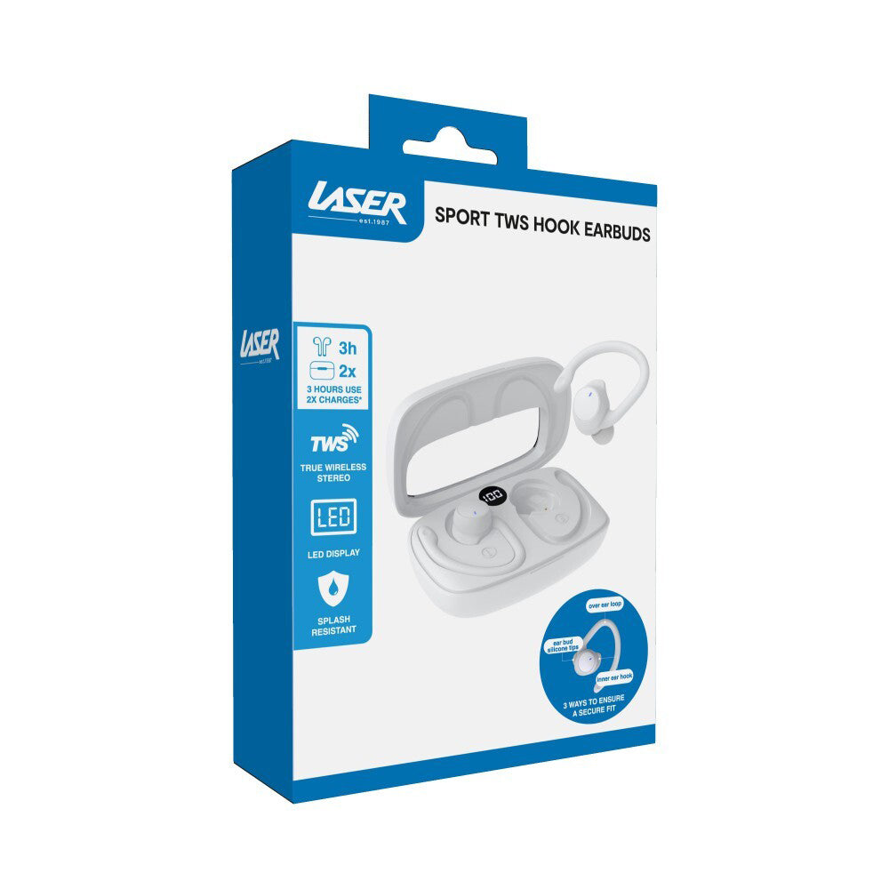 Laser Sport TWS Wirless LED Ear Hook BT Earbuds w/ Charging Case - White