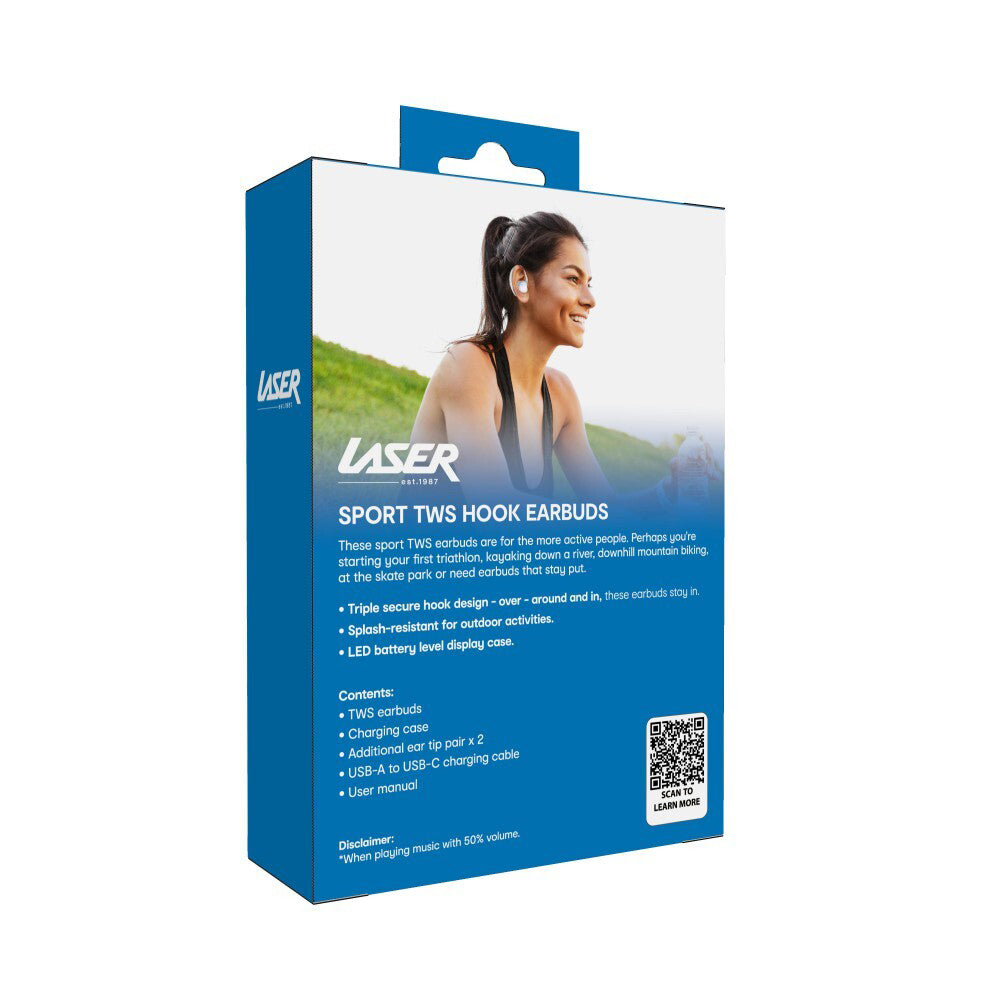 Laser Sport TWS Wirless LED Ear Hook BT Earbuds w/ Charging Case - White