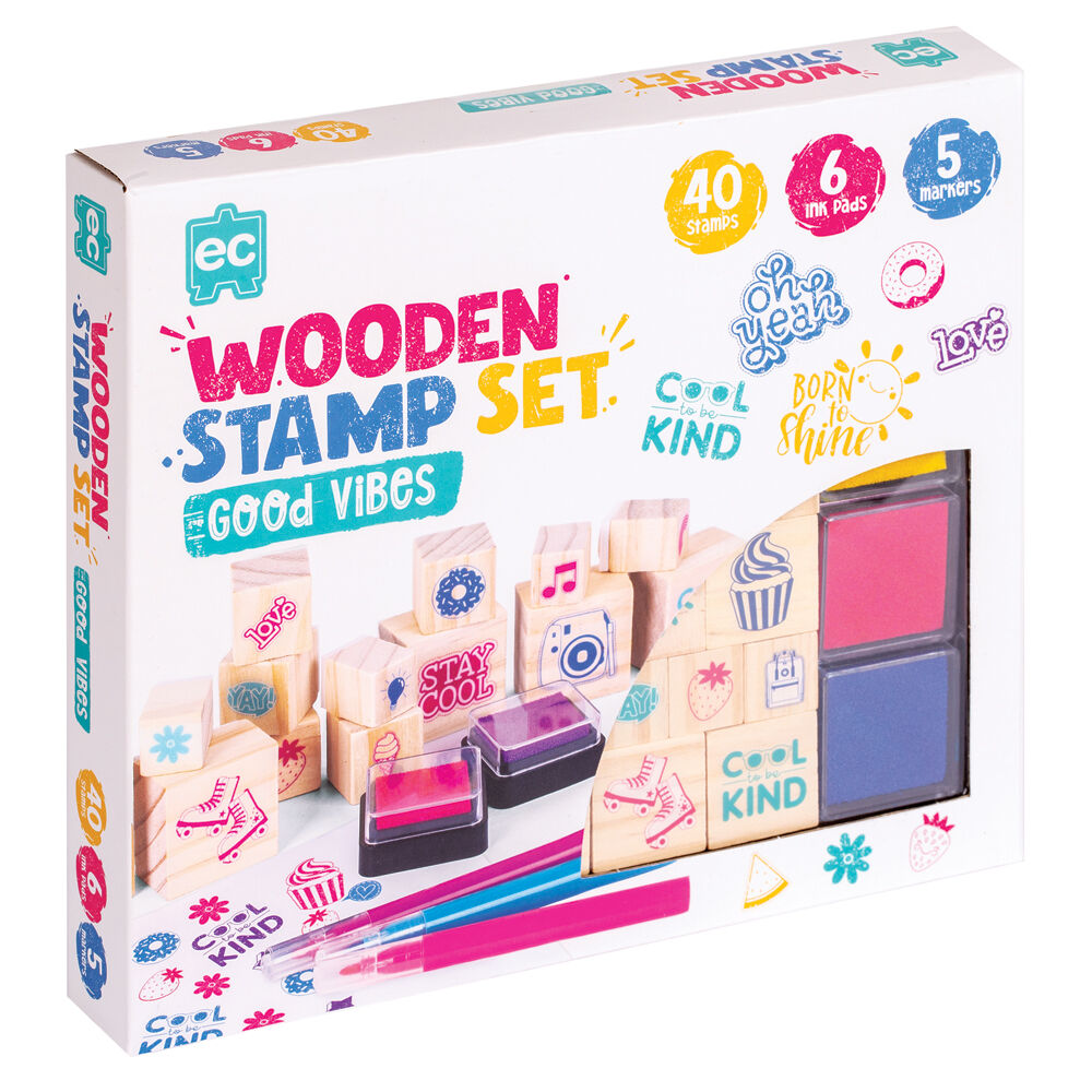 Learning Can Be Fun Wooden Patterned Stamp Set Good Vibes Brown