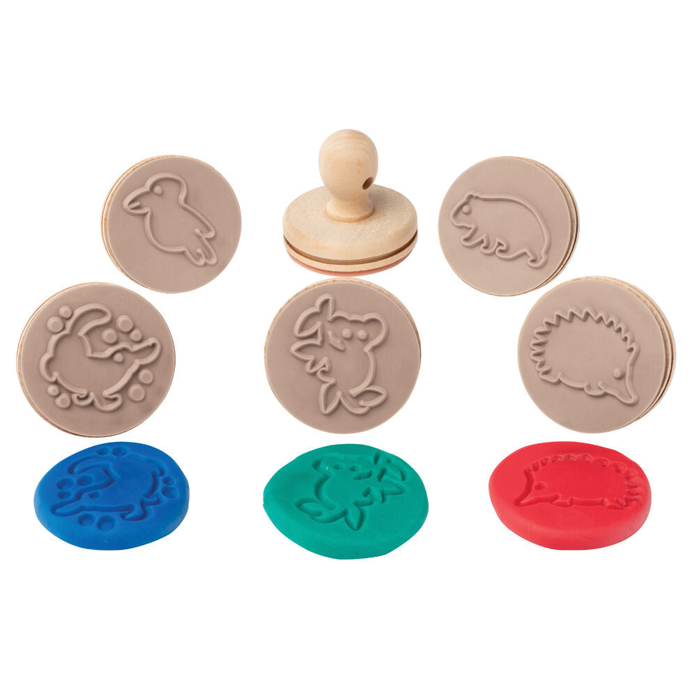 Educational Colours Wooden Dough Patterned Stamps - Animals Brown