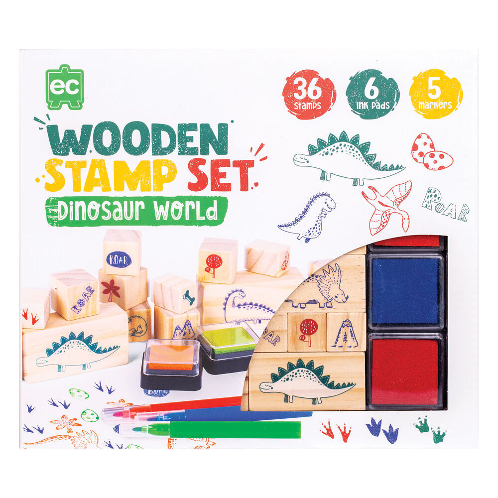 2PK Learning Can Be Fun Wooden Patterned Stamp Set Dinosaurs Brown